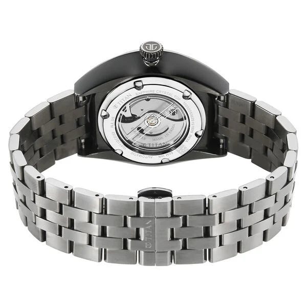 Titan Stellar Cupola Automatic Analog with Sun Moon Phase and Silver Dial Dark Gun Stainless Steel Strap Watch for Men 10011qm02