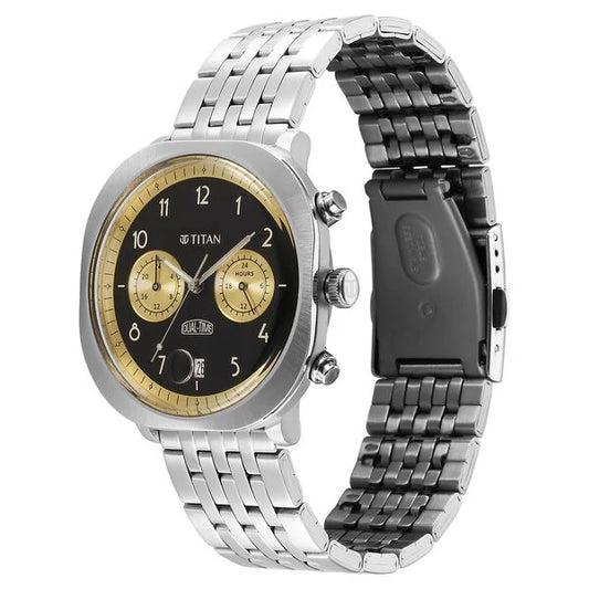 Titan Timeless Treasures Quartz Analog Dual Time Black Dial With Silver Color Stainless Steel Strap Watch For Men nt10022sm02 Men's Watch