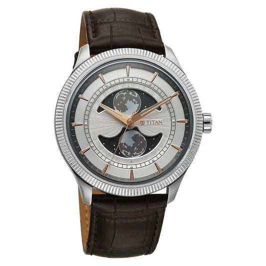 Titan Stellar Analog with Dual Moon Phase and Silver Dial Brown Leather Strap Watch for Men 10050sl01