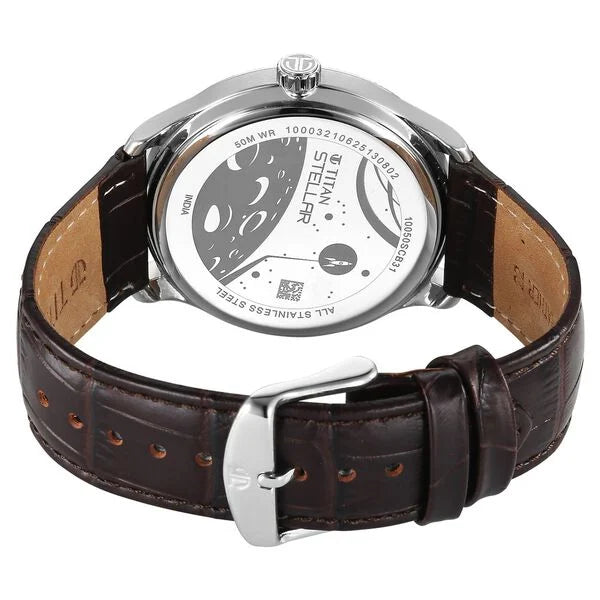 Titan Stellar Analog with Dual Moon Phase and Silver Dial Brown Leather Strap Watch for Men 10050sl01