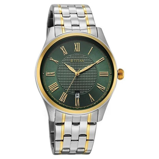 Titan Neo Roman Analog with Green Dial Dual Tone Stainless Steel Strap Watch for Men 10063bm01 Men's Watch