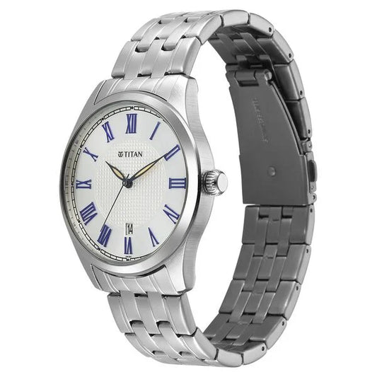 Titan Neo Roman Analog with Silver White Dial Silver Stainless Steel Strap Watch for Men 10063sm01