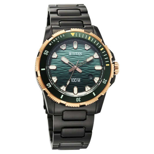 Titan Zero Hour Diver's 100m Quartz Analog Blue Dial Black Stainless Steel Strap Watch For Men 10067km02