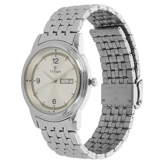 Titan Quartz Analog with Day and Date Silver Dial Silver Stainless Steel Strap Watch For Men nk1638sm01