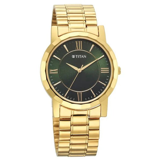 Titan Karishma Zing Quartz Analog Green Dial Golden Stainless Steel Strap Watch For Men nu1644ym05