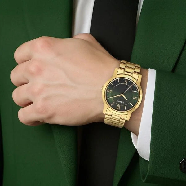 Titan Karishma Zing Quartz Analog Green Dial Golden Stainless Steel Strap Watch For Men nu1644ym05