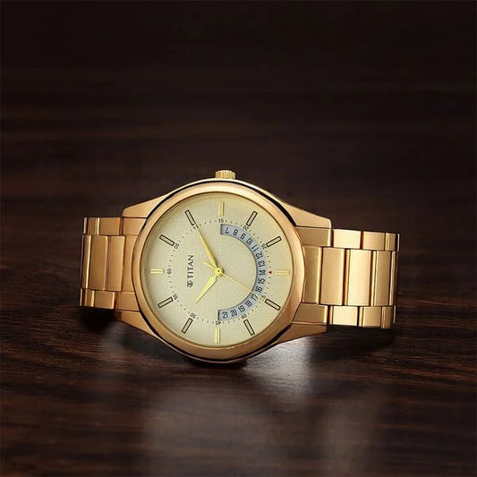 Titan Lagan Yellow Dial Analog Metal Strap Watch for Men nt1713ym06
