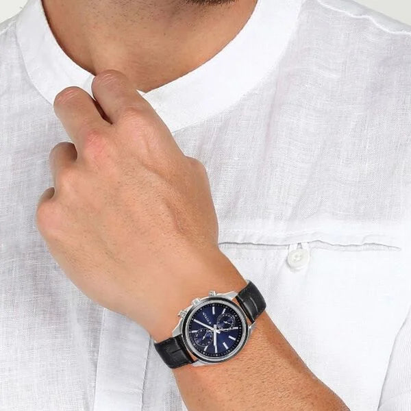 Titan Men's Midnight Precision: Multifunction Blue Dial with Classic Leather Strap Watch nu1733kl01
