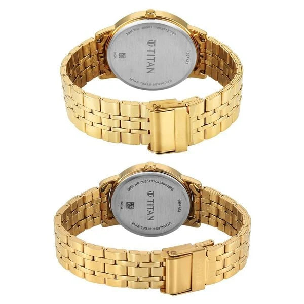 Titan Bandhan Eternal Pair Analog with Date and Green Dial Yellow Gold Stainless Steel Strap Watch for Couples 19672967ym01