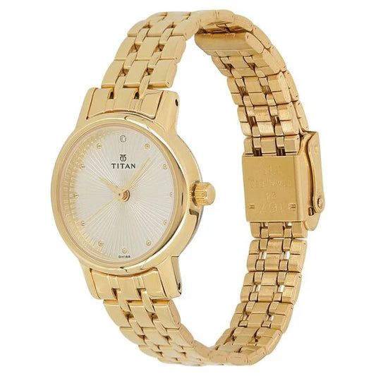 Titan Quartz Analog Champagne Round Dial Golden Stainless Steel Strap Watch For Women nt2593ym01