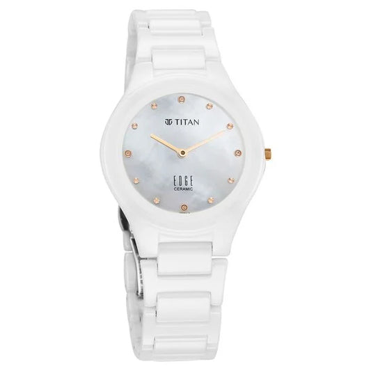 Titan Edge Ceramic Quartz in Arctic White with Diamonds and Rich Mother Of Pearl Dial Watch for Women NU2653KC03