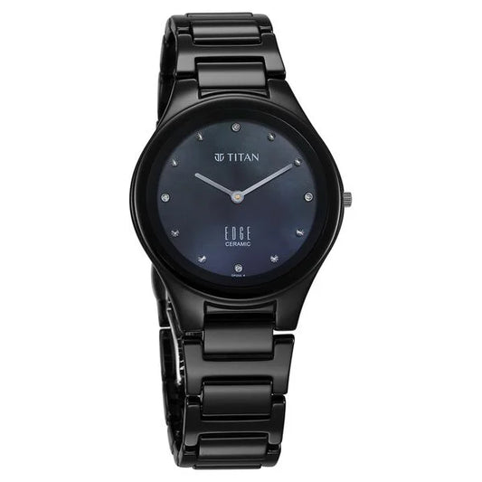 Titan Edge Ceramic Quartz in Glossy Black with Diamonds and Rich Mother of Pearl Dial Watch for Women NU2653NC02