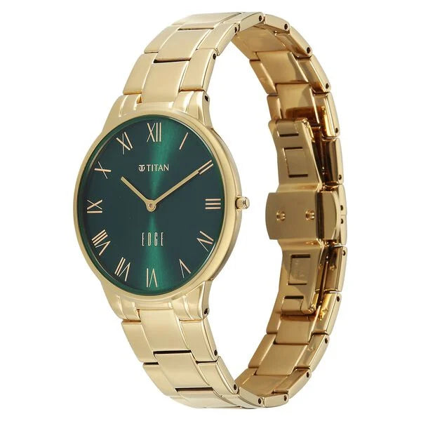 Titan Edge Gleam Quartz Analog Green Dial Golden Stainless Steel Strap Watch For Women