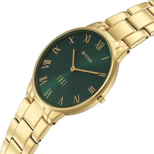 Titan Edge Gleam Quartz Analog Green Dial Golden Stainless Steel Strap Watch For Women