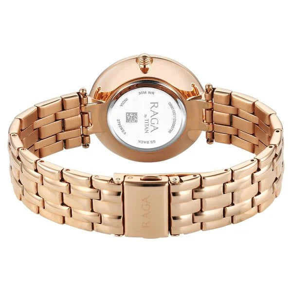 Titan Raga DEC Blaze Quartz Analog Brown Mother Of Pearl Dial Rose Gold Metal Strap Watch For Women 2793WM01