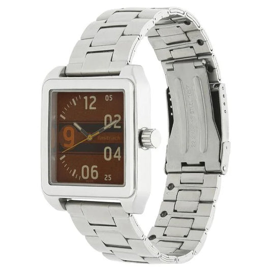 Fastrack Bare Basics Quartz Analog Brown Dial Stainless Steel Strap Watch for Guys NK3164SM02