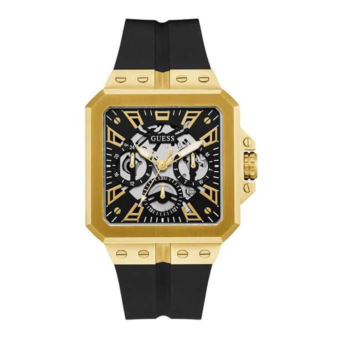 GUESS Men's 42mm Watch - Black Strap Black Dial Gold Tone Case GW0637G2