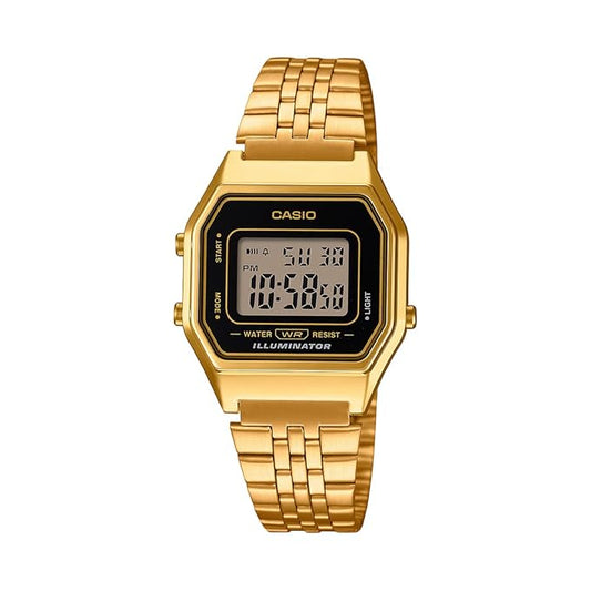 Casio Vintage LA680WGA-1DF Digital Black Dial Women Watch Gold Stainless Steel Strap (D344)