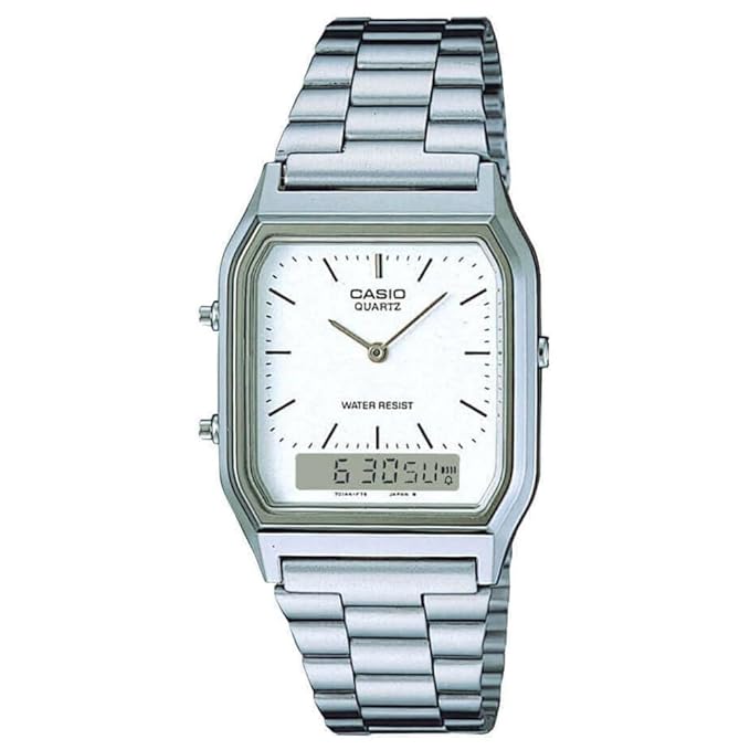 Casio Vintage AQ-230A-7DMQ Analog-Digital White Dial Unisex Watch Silver Metal Strap (AD03)