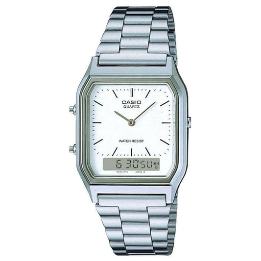 Casio Vintage AQ-230A-7DMQ Analog-Digital White Dial Unisex Watch Silver Metal Strap (AD03)
