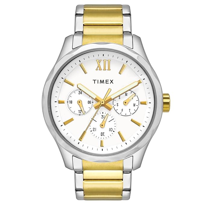 TIMEX Analog Watch for Man with White Round Dial & Two Tone Stainless Steel Bracelet Band Water Resistant Men's Wrist Watches - TW0TG7616