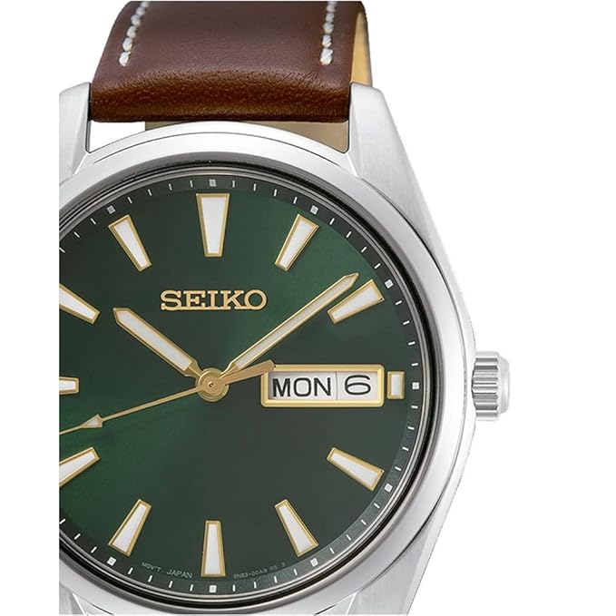 Seiko Dress Analog Green Dial Men's Watch-SUR449P1 Genuine Leather, Brown Strap