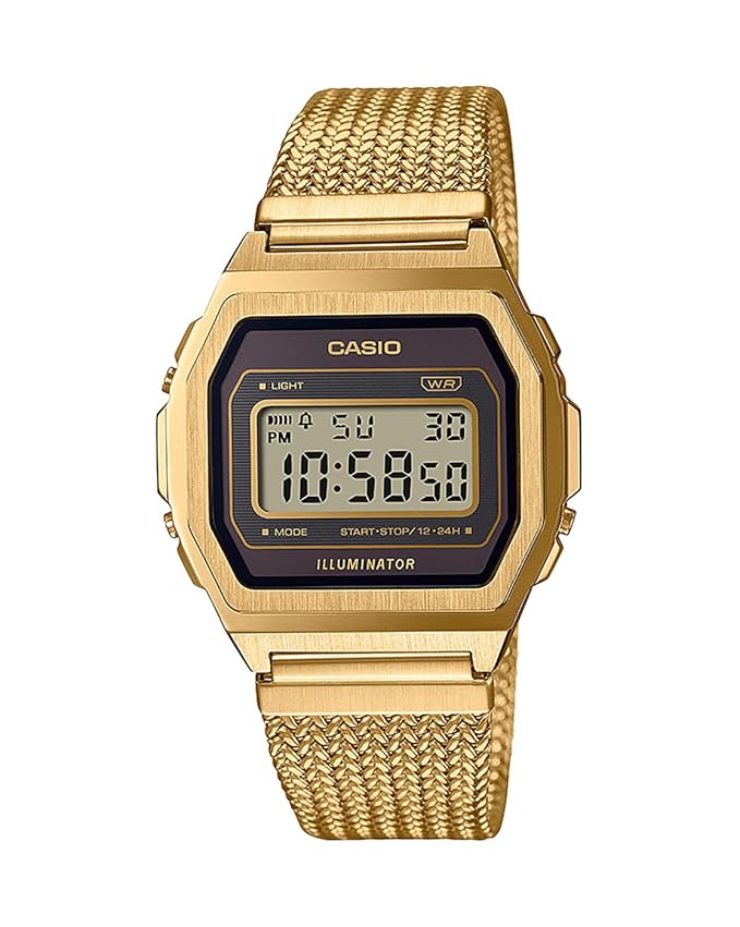 Casio Unisex Vintage A1000MGA-5DF Black Digital Dial Gold Stainless Steel Mesh Band D277