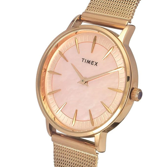 TIMEX Analog Watch for Women with Mother of Pearl Rose Gold Round Dial TWEL15607