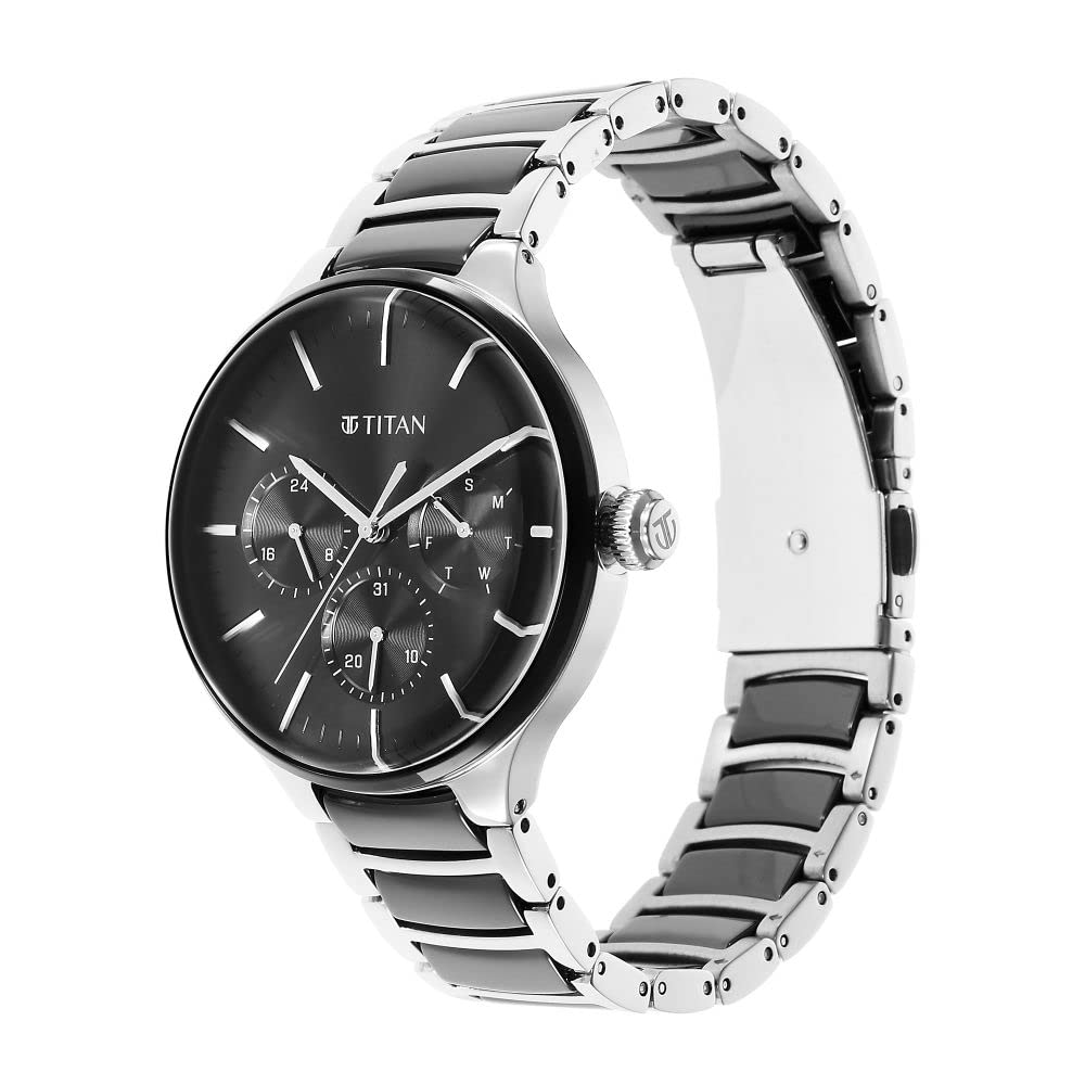 Titan Ceramic Fusion Quartz Multifunction Black Dial Two Toned Silver and Black Stainless Steel Bracelet Watch for Men - NT90148KD01