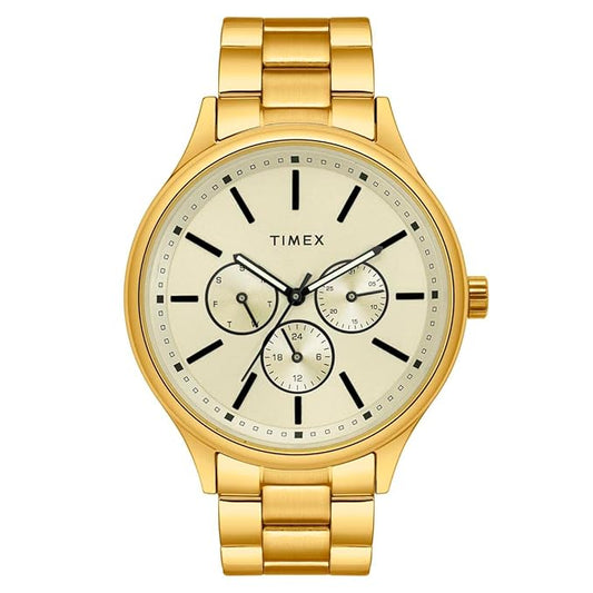 TIMEX Analog Watch for Man with Champagne Round Dial & Gold Stainless Steel Bracelet Band Water Resistant Men's Wrist Watches - TWEG18415