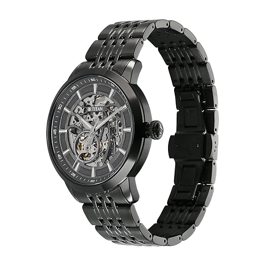 Titan Phoenix Skeletal Automatic Analog with Gun Dial Black Stainless Steel Strap Watch for Men - 90223NM01