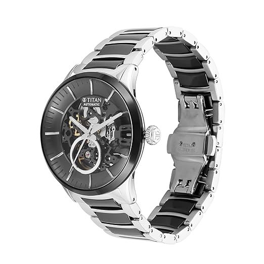 Titan Ceramic Fusion Automatic Black Dial Silver Dual-Toned Stainless Steel Bracelet Analog Watch for Men-90174KD01/NT90174KD01