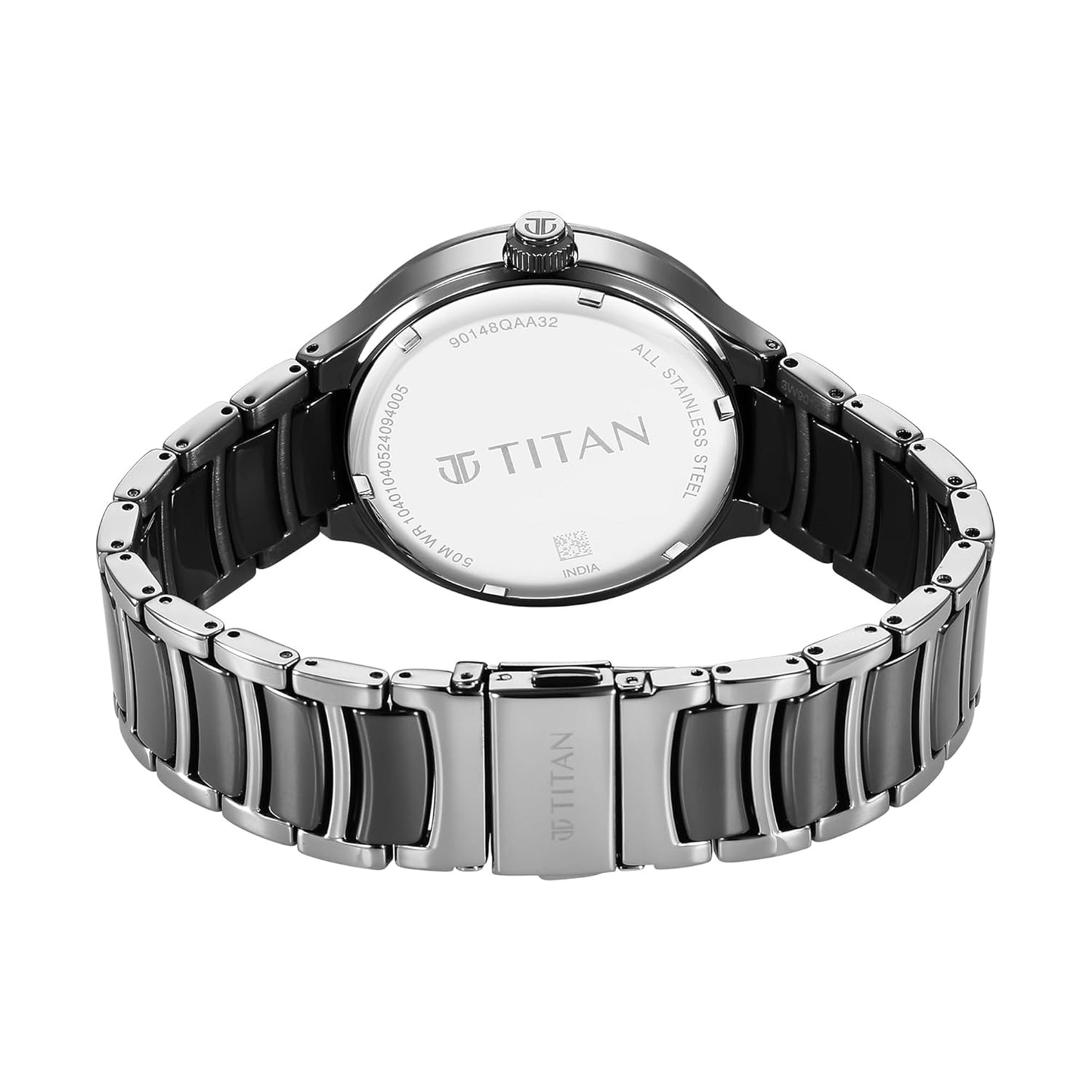 Titan Ceramic Fusion Quartz Multifunction Black Dial with Two Toned Color Stainless Steel Strap Watch for Men-90148KD06/NT90148KD06