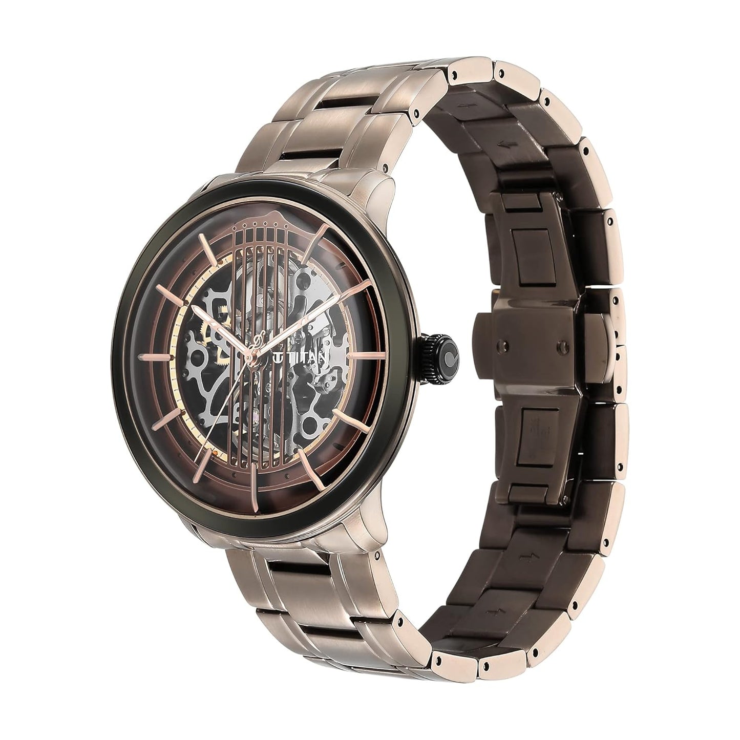 Titan Quartet Automatic Brown Dial Taupe Stainless Steel Strap Watch for Men - NT1848KM05