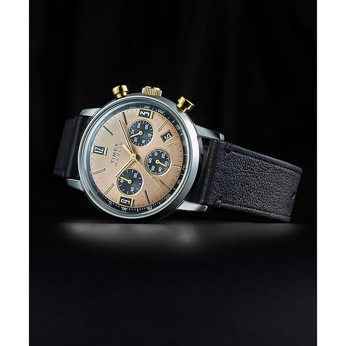 TIMEX Marlin Analog Champagne Round Dial & Black Leather Strap Band Water Resistant Men's Wrist Watch - TWEG26709