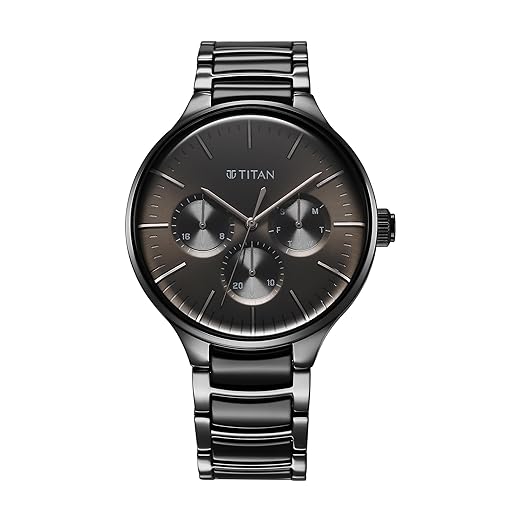 Titan Ceramic Fusion Quartz Multifunction Black Dial with Two Toned Color Stainless Steel Strap Watch for Men-90148KD06/NT90148KD06