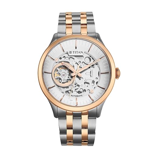 Titan Metal Mechanicals Automatic White Dial Two Toned Silver and Rose Gold Stainless Steel Strap Watch for Men - NT90140KM01