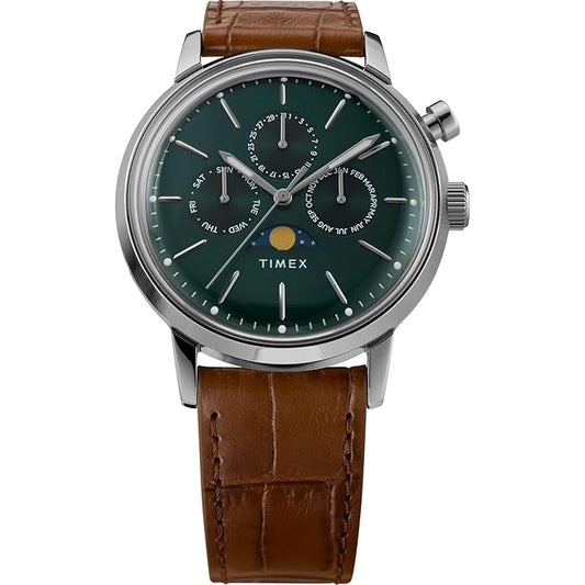 TIMEX Marlin Analog Green Round Dial & Brown Leather Strap Band Water Resistant Men's Wrist Watch - TWEG26800