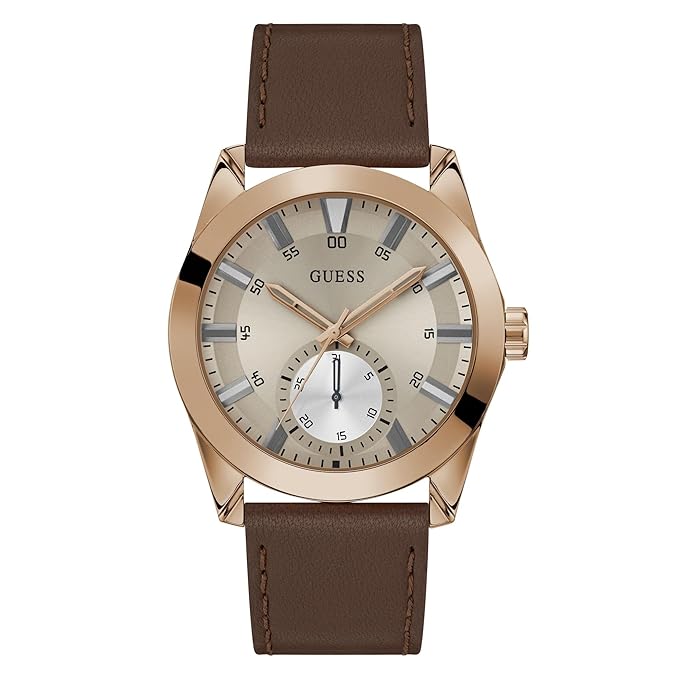 GUESS Grayson Analog Watch for Man with Grey Round Dial & Brown Leather Strap Band Water Resistant Men's Wrist Watches - GW0793G3