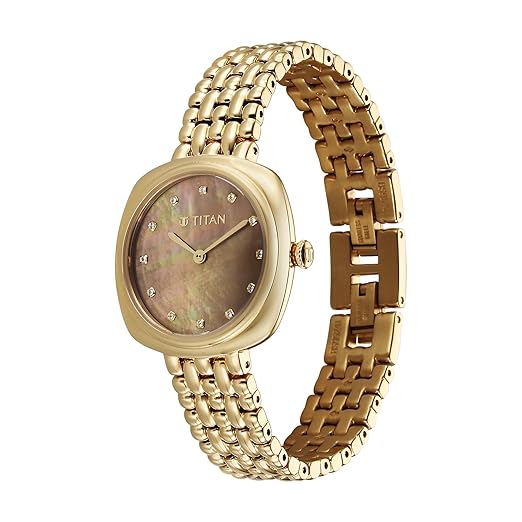 Titan Aura Quartz Analog Brown Mother of Pearl Dial Golden Stainless Steel Strap Watch for Women-95241YM01/NT95241YM01