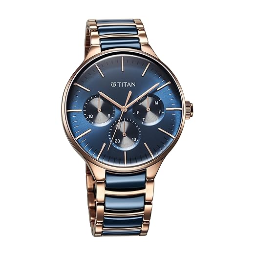 Titan Ceramic Fusion Quartz Multifunction Blue Dial with Two Toned Color Stainless Steel Strap Watch for Men-90148KD04/NT90148KD04
