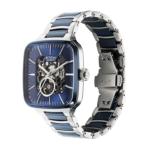 Titan Ceramic Fusion Automatic Blue Dial Two Toned Silver Stainless Steel & Blue Ceramic Strap Watch for Men - NT90175KD02