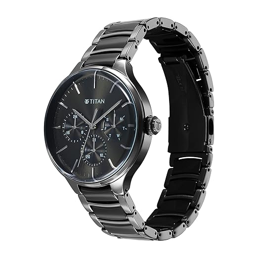 Titan Ceramic Fusion Quartz Multifunction Black Dial with Two Toned Color Stainless Steel Strap Watch for Men-90148KD06/NT90148KD06