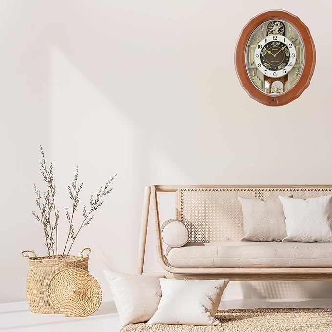 SEIKO Elegant Brown Oval Wooden Hourly Chime 30 Melody in Motion Home Decor Wall Clock with One Way Rotating Pendulum - QXM604BT