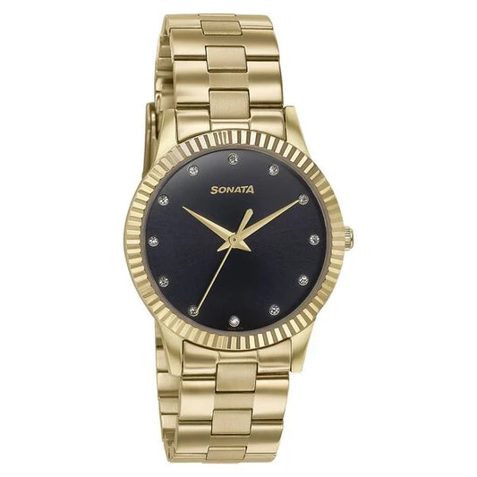 Sonata Glam Gold Quartz Analog Black Dial Stainless Steel Strap Watch For Women