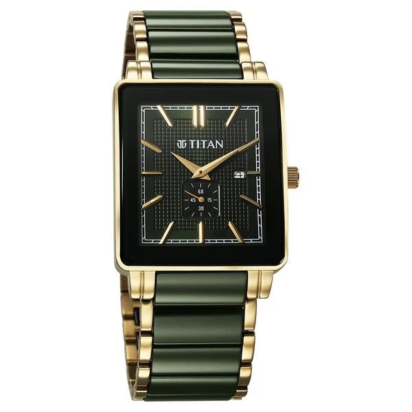 Titan Regalia Shaped Ceramic Quartz Analog with Date Green Dial Steel & Ceramic Strap Watch For Men - 90013KD05