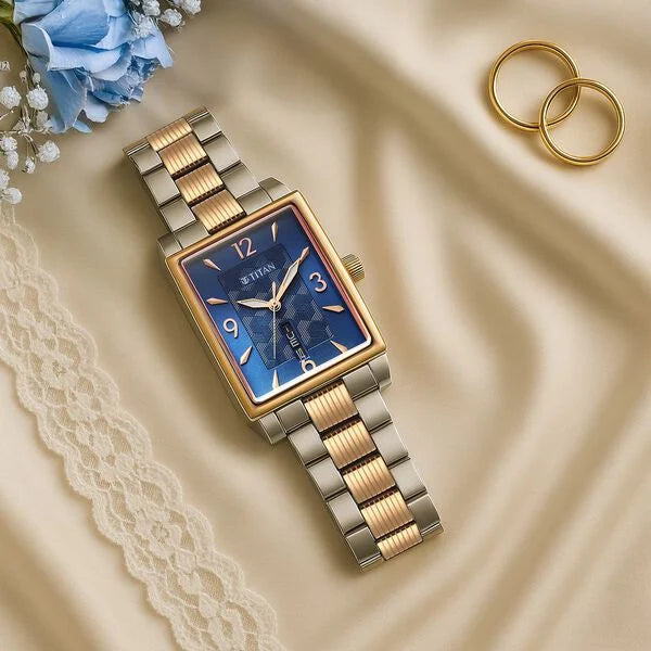 Titan Karishma Wedding Edit Analog with Day Date With Blue Dial Two Toned Stainless Steel Strap Watch for Men 90024km01