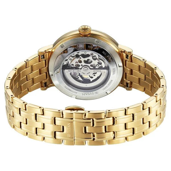 Titan Yin Yang Skeletal Automatic Analog with Green Dial Silver Gold Steel Strap Watch for Men 90222ym01