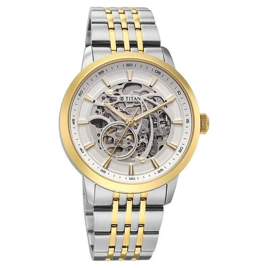 Titan Phoenix Skeletal Automatic Analog with Silver Dial, Gold & Steel Strap Watch for Men 90223bm01 Men's Watch