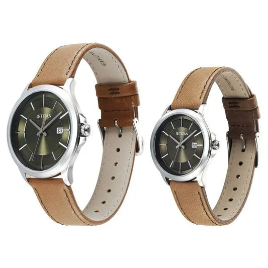 Titan Bandhan Quartz Analog with Date Green Dial Brown Leather Strap Watch For Couple nu9401194211sl01 Couple Watch